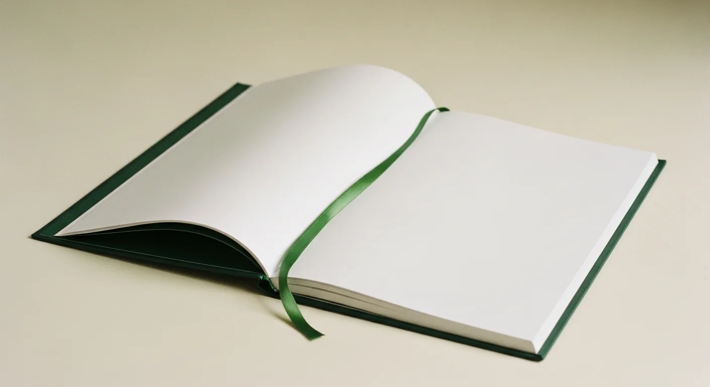 Carnet relié ouvert sur une double page vierge avec un signet vert.