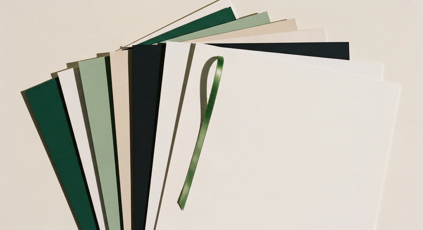 Pile éventail de feuilles ivoire avec un signet vert, évoquant un séminaire académique.